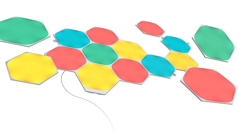 Nanoleaf Shapes Hexagons Kit de Inicio de 15 Hexágonos Luminosos LED RGBW, Apliques de Pared Interior Modulares, Luces Led Inteligentes 16M Colores WiFi, Compatible con Alexa, para Decoración y Gaming - Kit de Inicio de 15