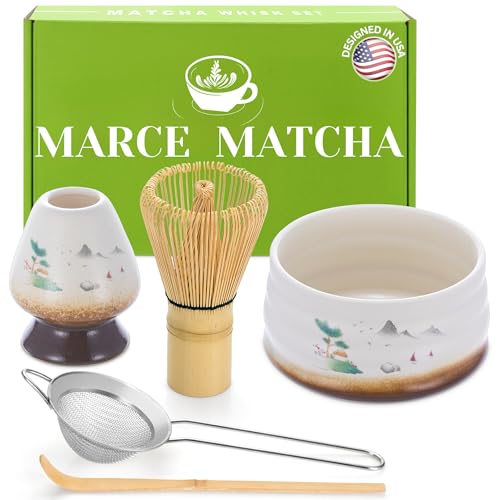 Marce Matcha Whisk Set- Matcha Whisk and Bowl, Matcha Sifter, Matcha Whisk Holder and Matcha Spoon- The Perfect Matcha Kit for Matcha Tea (Cream) - Cream