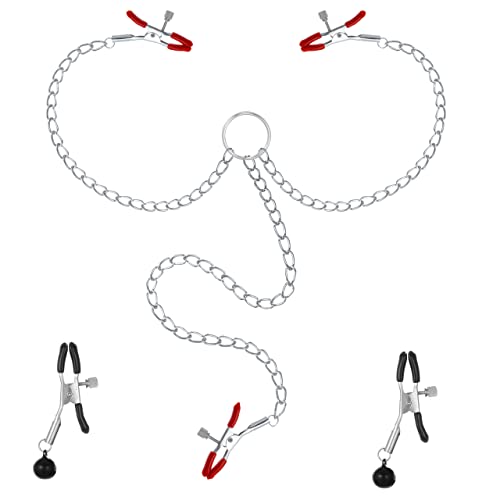 Belmalia Nipple Clamps with Chain | 2 Nipple Clamps + Clit Clamp | Nipple Clamps with Bells | Breast Stimulators for Woman & Man | Sex Toys Extreme