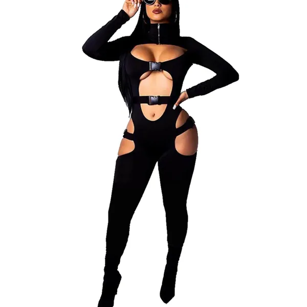 Starstreetcom Ladies Long Sleeve High Neck Hollow Out Slim Fit Zipper Up Buckle Bandage Rompers One Piece Set Jumpsuit Rompers