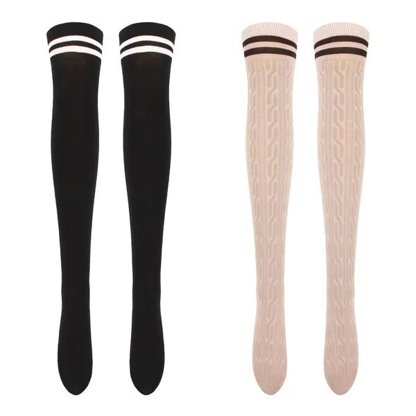 Haoohu Womens Black White Socks Over Knee Rainbow Stripe Thigh High Socks Stocking