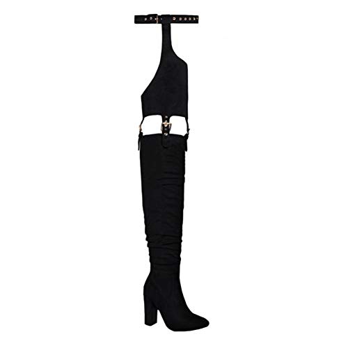 DETOGNI Women's Fashion Over The Knee Belted Pointed Toe Long Boots Sexy Buckle Strap Side Zipper Block Heels ​Thigh High Boots - 8 - Black