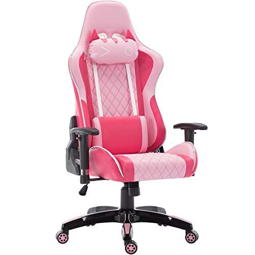 Computer Gaming Chair, Ergonomic Cute Kitty Cat PC Computer Chair, for Video Game (Pink Kitty) - 27.6D x 27.6W x 53H Inch - Kitty Pink