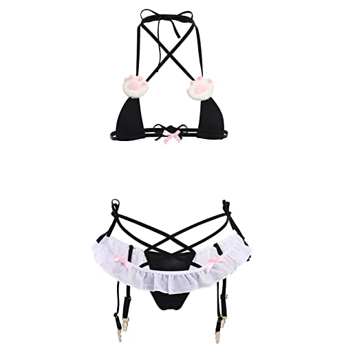 Womens Cute Kawaii Anime Cat Kitten Lingerie Set Micro Bikini Strappy Tiny Bra Mini Panty Extreme Swimsuit - One Size - Black-01