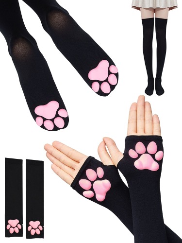 2 Pairs Cat Paw Thigh High Socks Cat Paw Gloves Cat Paw Socks and Gloves 3D Kitten Claw Stockings Pink Cat Paw Long Fingerless Gloves for Women() - 