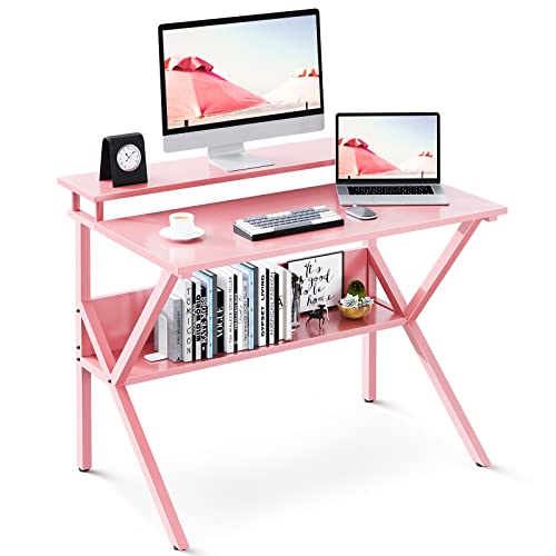 ODK Small Desk, 27.5 Inch Small Computer Desk for Small Spaces, Compact Desk with Storage, Tiny Desk Study Desk with Monitor Stand for Home Office, Pink - Pink - 27.5 inch