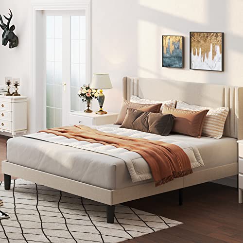 Gizoon Queen Bed Frame with Wingback Headboard, Upholstered Platform Bed with Modern Geometric Headboard, Wooden Slats, Noise-Free, No Box Spring Needed - Queen (U.S. Standard) - Beige