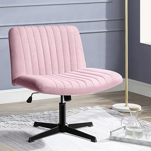 PUKAMI Criss Cross Chair,Armless Cross Legged Office Desk Chair No Wheels,Fabric Padded Modern Swivel Height Adjustable Mid Back Wide Seat Computer Task Vanity Chair for Home Office(Pink) - Pink - Classic