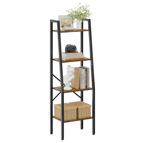 Hoctieon Ladder Shelf Bookcase, 4-Tier Industrial Tall Ladder Bookshelf with Metal Frame for Living Room, Kitchen, Home Office, Bedroom, Rustic Brown - Rustic Brown
