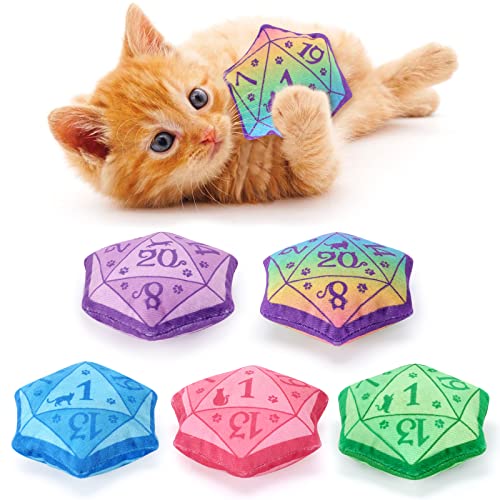 CiyvoLyeen D20 Dice Catnip Toy, DND Interactive Cat Toy for Role Playing Tabletop Game Soft Plush Catmint Kitten Teething Chew Pet Supplies Cat Lover Witchy Wizard Gift Ideas Set of 5 - Dnd