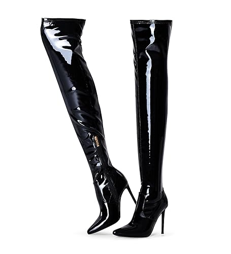 Elisabet Tang Thigh High Boots Over the Knee Boots for Women,Sexy 4.3 inch Stilettos High Heels Boots Stretch Suede Long Pointed Toe Shoes - 9.5 - Black Patent