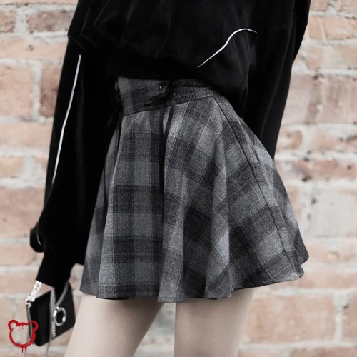 "Grey Plaid Skirt - No Smoke" - Dark Gray / M