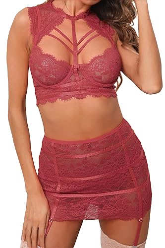Ladies & Men's story Women Underwire 3 Piece Sexy Lingerie Collared Stretch Bustier & Garter Skirt Strappy Lace Bra Panty Set - XX-Large - Burgundy