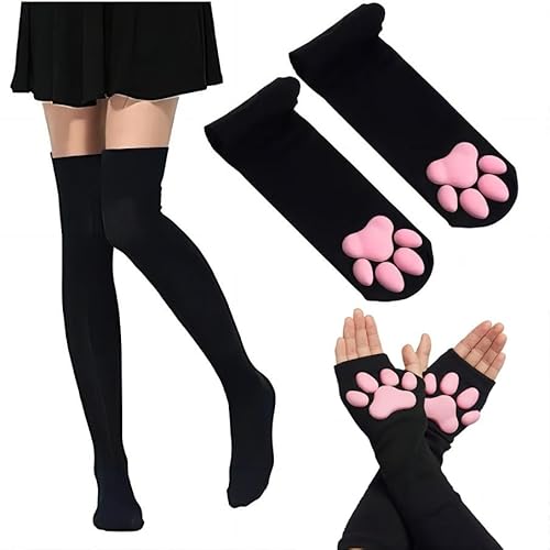 xbuk Cat Paw Socks and Paw Gloves Set,Pink Cute Thigh High Socks for Girls Women Cosplay,3d Kitten Claw Stockings - 0-1 - Black Set