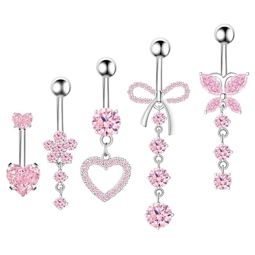 BSJ4U Belly Button Ring Dangle Navel Belly Piercing Jewelry Cute Pink CZ Heart Butterfly Bow Flower Navel Belly Rings for Women 14G Silver Stainless Steel Dainty Dangly Dangling Belly Button Piercing - Pink CZ Belly Button Rings