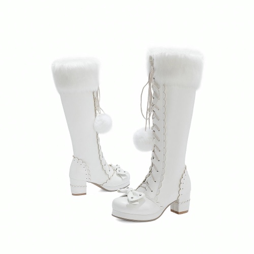 Lolita Bow Fur Knee High Boots - White / 7