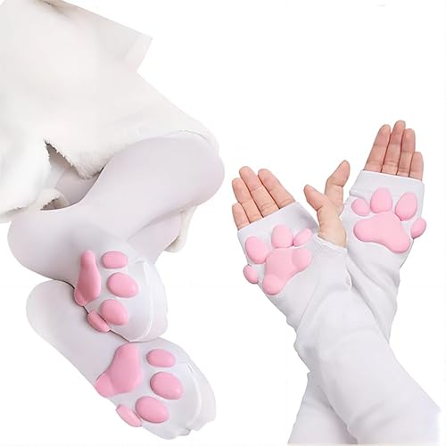 xbuk Cat Paw Socks and Paw Gloves Set,Pink Cute Thigh High Socks for Girls Women Cosplay,3d Kitten Claw Stockings - 0-1 - White Set