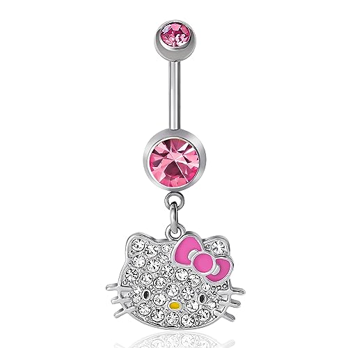 Hello Kitty Belly Button Ring 14g Stainless Steel Kawaii Belly Button Piercing Jewelry, Sanrio Official License - Hello Kitty Pave Crystal Face