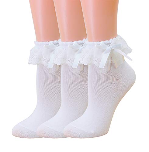 SRYL Women Ankle Socks,Lace Ruffle Frilly Comfortable Princess Socks Lace Socks - 5-8 - 3 Pairs-white