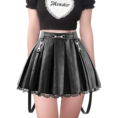 Littleforbig Women's A-Line Pleated Faux Leather Flared Casual Lace Trim Mini Skirts - Troublemaker - XX-Large - Black