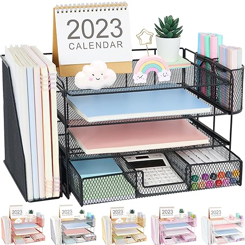 OPNICE Desk Organizers and Accessories, Desk Accessories & Workspace Organizers for Office Supplies, File Organizer Desk Drawer Organizer with 2 Pen Holders, 4 Tier Paper Organizer for Desk(Black) - Black