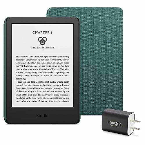 Kindle Essentials Bundle including Kindle (2022 release) - Black - Without Lockscreen Ads, Fabric Cover - Dark Emerald, and Power Adapter - Dark Emerald - Black Device - Without Lockscreen Ads