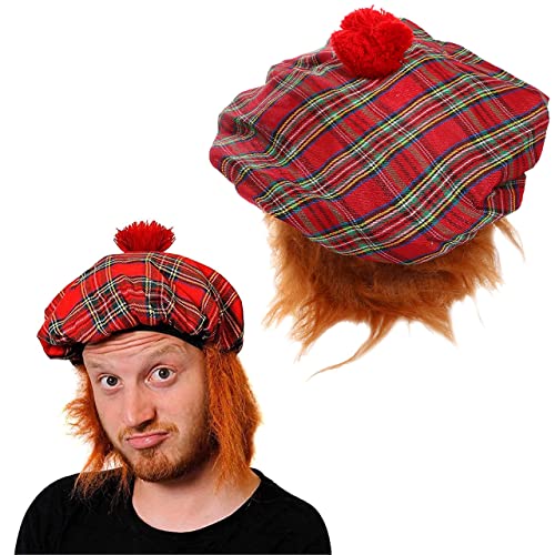 Tam O' Shanter Hat with Wig - Scottish Fancy Dress Hat with Attached Ginger Hair - St Andrews Day - Scotland Burns Night - Pack Of 1