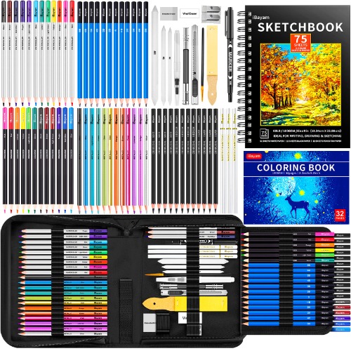 iBayam 78-Pack Drawing Set Sketching Kit, Pro Art Supplies with 75 Sheets 3-Color Sketch Pad, Coloring Book, Colored, Graphite, Charcoal, Watercolor, Metallic Pencils for Artists Adults Kids Beginners