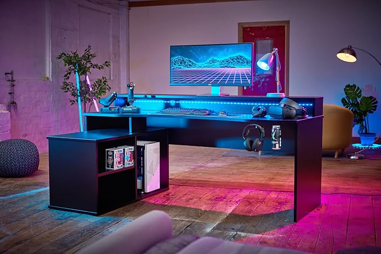 RestRelax - Alpha Gaming Desk UK's #1 Gaming Desk With LED Lights 200CM x 91CM x 125.5CM Computer Desk Workstation For Large PC Or Home Office Desk The Perfect L Shaped Office Desk