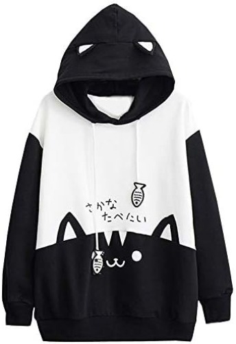 Women Hoodies Sweatshirt, Teen Girls Japanese Kawaii Style Kitty Cat Print Hooded Pullovers Tops Long Sleeve for Womens