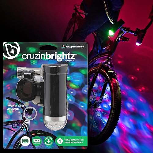 Brightz CruzinBrightz Disco Party LED Bike Light, Tri-Colored - Blinking Swirling Color Patterns - Bicycle Light for Riding at Night - Mounts to Handlebar or Bike Frame - Fun Bike Accessories - Red, Green, Blue Disco