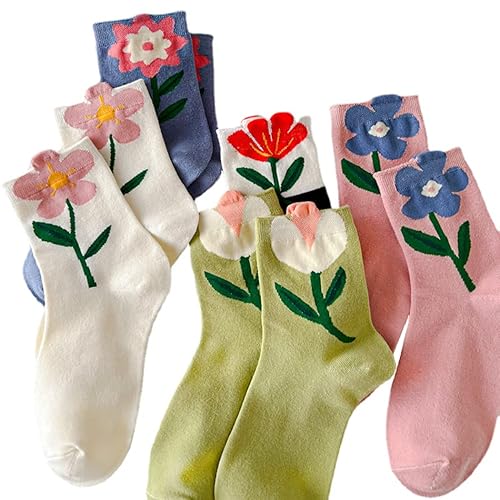 BonheurQ 5/6/10/12 Pairs Floral Cute Socks for Women Kawaii Design Cottagecore Colorful Casual Dress Athletic Crew Socks Pack - One Size - Kawaii Flower 5 Pairs