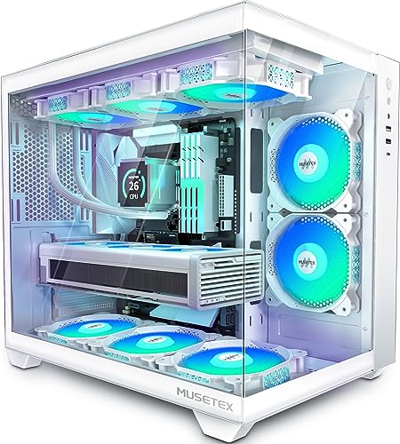 MUSETEX ATX PC Case,5 PWM ARGB Fans Pre-Installed,360MM RAD Support,Type-C Gaming 270° Full View Tempered Glass Mid Tower Pure White ATX Computer Case,Y6 - Y6