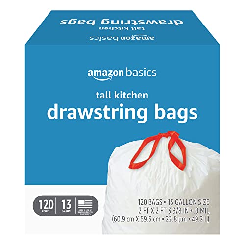 Amazon Basics Tall Kitchen Drawstring Trash Bags, 13 Gallon, 120 Count, Pack of 1 - Unscented - 1 Count (Pack of 120)
