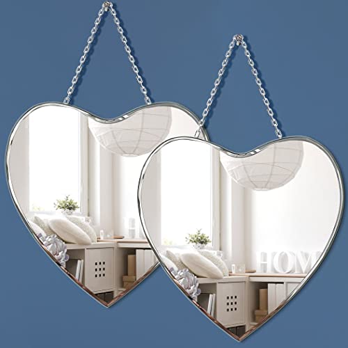 QMDECOR Heart Shaped Mirror with Iron Chain for Wall Decor 12x12 inch 2 Pack Wall Hang Real Glass Frameless Decorative Accent Mirror Glam Mirror - 2 Pieces