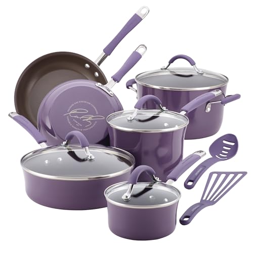 Rachael Ray Cucina Nonstick Cookware Pots and Pans Set, 12 Piece, Lavender Purple - Cookware Set - Lavender Purple