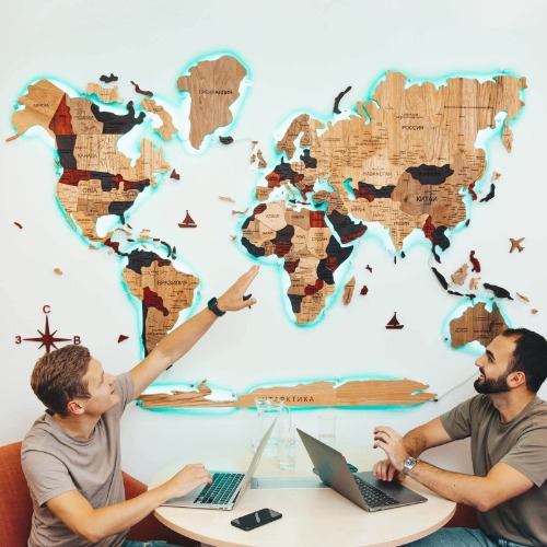 3D Solid Wooden World Map - L (35"x 59") / Yes (acrylic + LED)