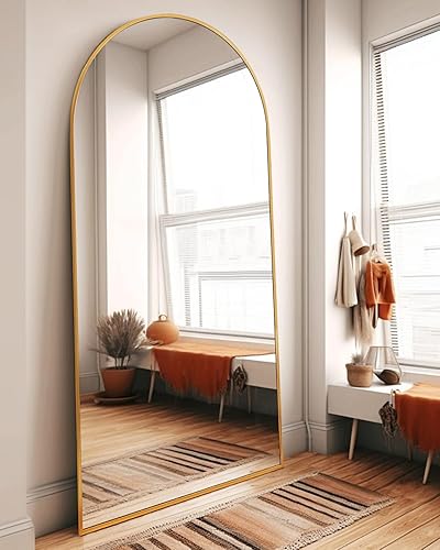 DYNWELL Arched Full Length Mirror, Floor Mirror with Stand, 76"x34" Large Mirror, Wall Mirror Full Length, Gold Floor Length Mirror, Body Floor Mirror, Wall Mounted Mirror for Bedroom, Gold - Gold - 76"L x 34"W