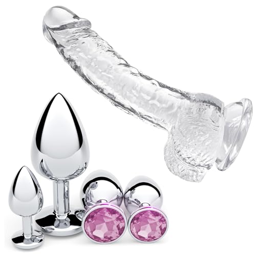 4 PCS Jewel Butt Plugs Set ＆ 7.3 Inch Clear Realistic Dildo, G Spot Anal Sex Adult Toy for Beginner Adult Unisex Women and Men Couple