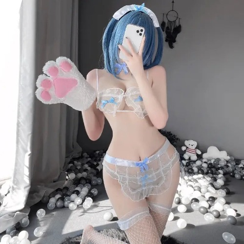 Cute and Kinky Lingerie Set with Ruffles and Blue Ribbons - Lingerie + Stocking