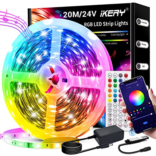 IKERY LED Strip 20m RGB Amb. Lightstrip Farbwechsel mit 16 Mio. Farben LED-Lichtband Sync mit Musik, mit Fernbedienung App-Steuerung, LED Streifen für Innenbereich Schlafzimmer Deko (1 Walze 20M) - 20M/65.6FT Bluetooth mit Fernbedienung