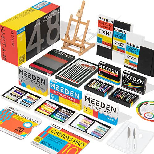 MEEDEN Acrylic Painting Kit -72 Piece Acrylic Paint Set with Tabletop Wooden Easel, 48 Acylic Paints, 10 Paintbrushes, Canvas Painting Kit, Art Supplies for Adults, Teen, Artists, Beginners - 71 Piece Set