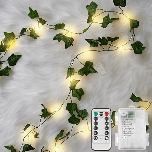 suddus Vine with Fairy Lights Battery Operated, 33ft 100 LED Ivy String Lights with Remote, Leaf Lights for Bedroom, Room, Wall, Garden, Party, Wedding Decor (Warm White) - 100 LED-Copper Wire Battery-Powered - IVY-33ft
