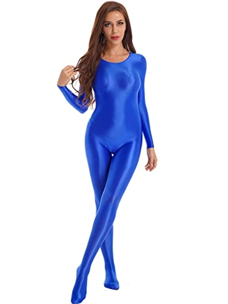 CHICTRY Womens Shiny Long Sleeve Elastic Bodysuit Long Sleeves Tights Pantyhose Full Body Jumpsuits - 3# Blue - M