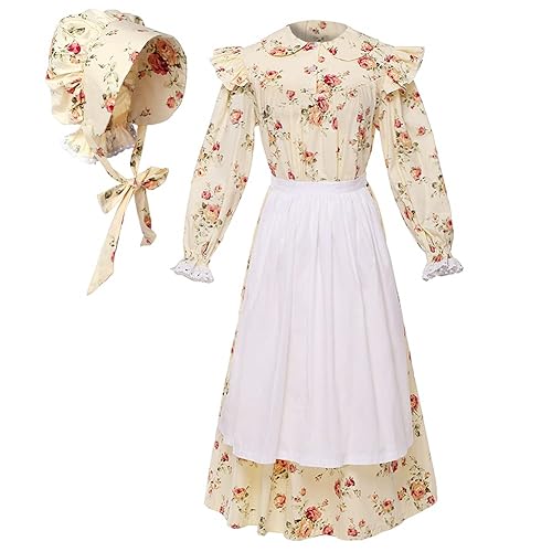 GRACEART Victorian Costume School Pioneer Colonial Outfit Prairie Dress 99.99% Cotton (US-12, Yellow) - Yellow - US-12
