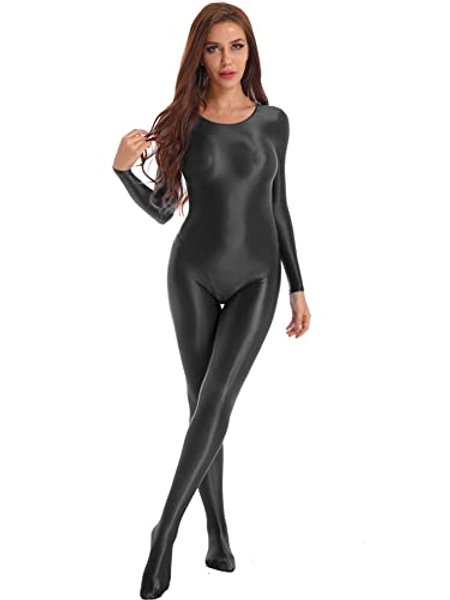 CHICTRY Womens Shiny Long Sleeve Elastic Bodysuit Long Sleeves Tights Pantyhose Full Body Jumpsuits - 3# Black - M