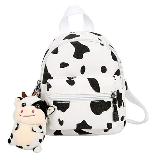 VALICLUD Mini Canvas Daypack with Plush Cow Pendant Cow Print Backpack Adorable Backpack for Women Lady Girls Outdoor Travel Shopping (White)