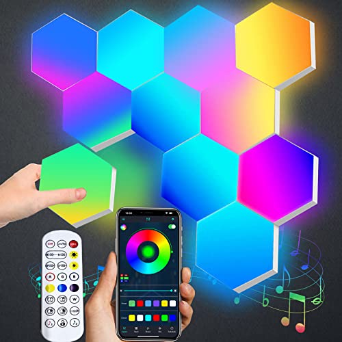 RGB LED Wandleuchte, Smarte Sechseck Wandleuchte LED Platten App und Fernbedienung, Gaming LED Wandbeleuchtung Musik-Sync, DIY Geometrie LED Panel Wand Gaming Setup Zubehör für Wohnzimmer, 7 Panels - 7 Panels