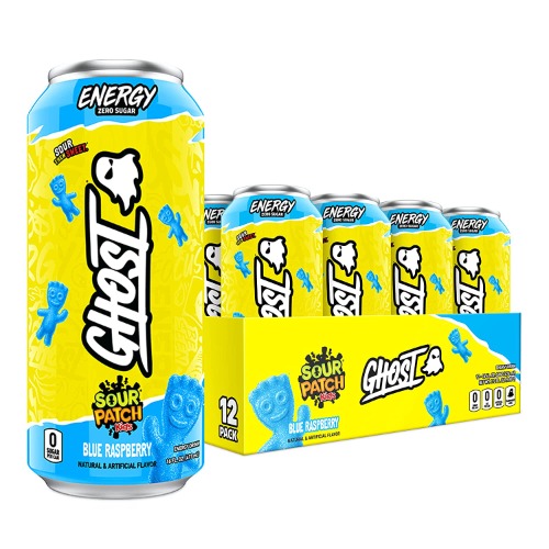 GHOST ENERGY Sugar-Free Energy Drink - 12-Pack, SOUR PATCH KIDS Blue Raspberry, 16oz - Energy & Focus & No Artificial Colors - 200mg Natural Caffeine, L-Carnitine & Taurine - Soy & Gluten-Free, Vegan - SOUR PATCH KIDS Blue Raspberry