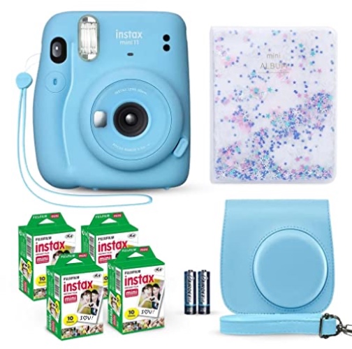 Fujifilm Instax Mini 11 Instant Camera Sky Blue + Fuji Film Value Pack (40 Sheets) + Shutter Accessories Bundle, Incl. Compatible Carrying Case, Quicksand Beads Photo Album 64 Pockets - Sky Blue